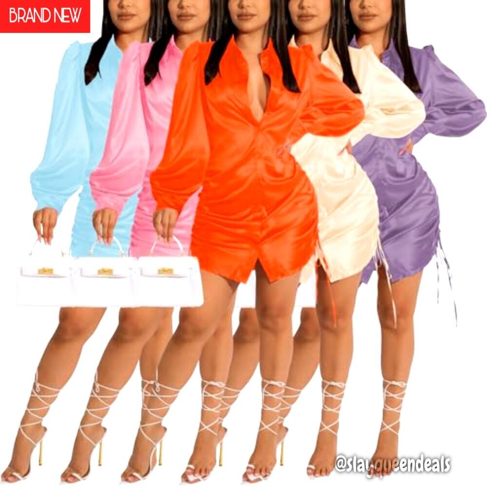 Silk Mini Wrap Dress Long Sleeve Ruched Club Night Out Drawstring - Picture 7 of 8